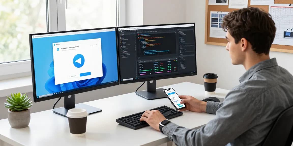 Engaging workspace showcasing Telegram Download with multiple screens and technology accessories in a professional setting.