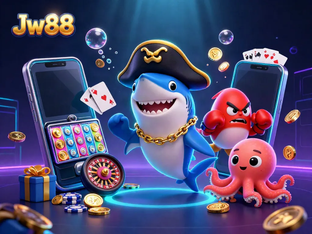 Engage with Jw88 as the pirate shark and friends celebrate in a vivid 3D casino scene.