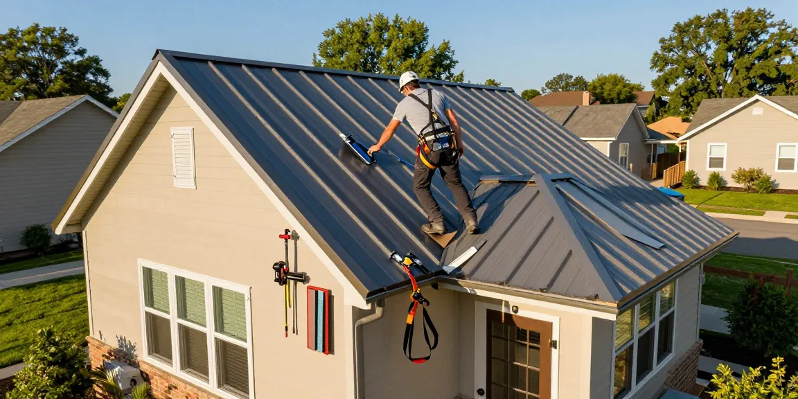 MRoof expert installing durable metal roofing on a family home, showcasing quality service and materials.