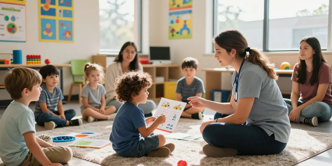 Clinician supporting autistic child with executive functioning autism through interactive learning materials in a compassionate classroom.