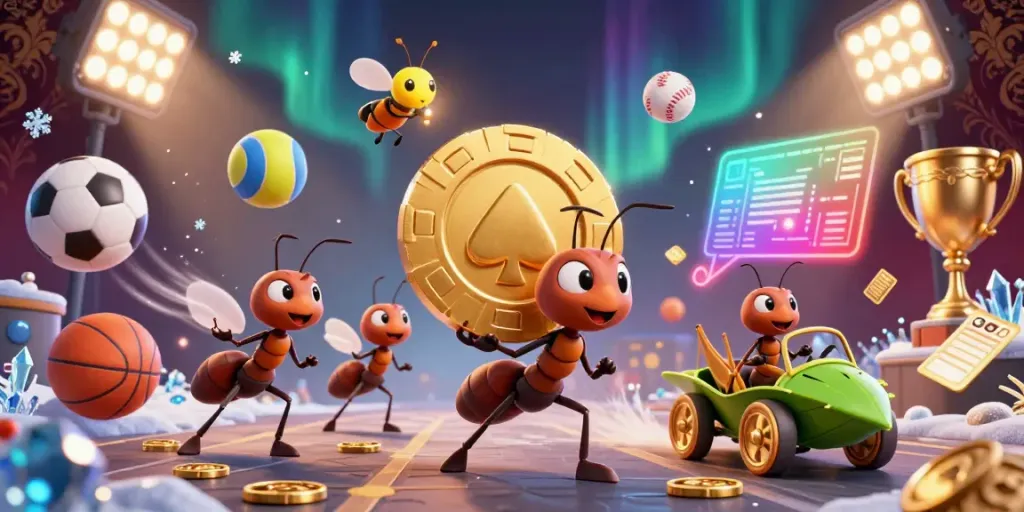 Engage with ea88 as a cartoon team of ants executes a heist for a giant poker chip in a vibrant casino tunnel.