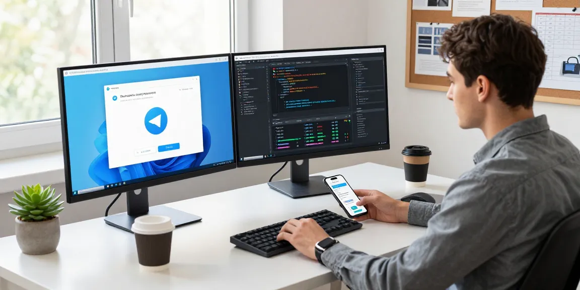 Engaging workspace showcasing Telegram Download with multiple screens and technology accessories in a professional setting.