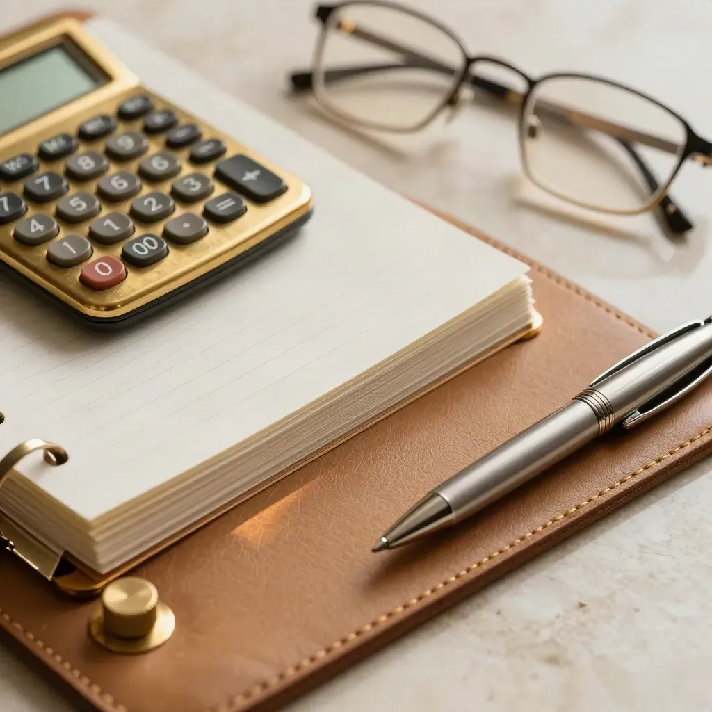 Macro still life of credit tools on leather mat with brass calculator and binder tabs