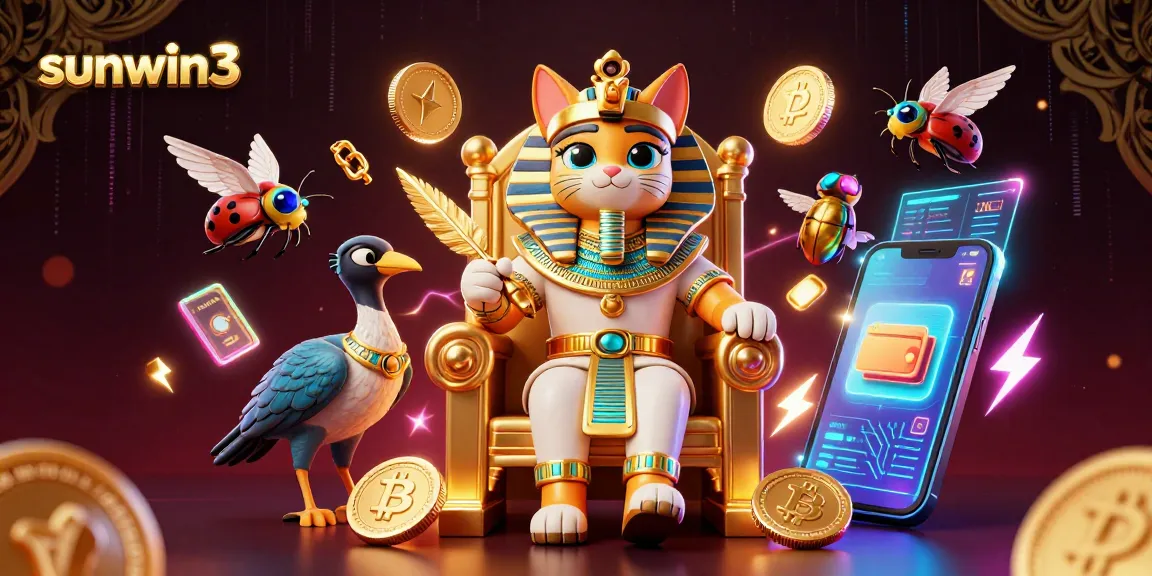 Win big at sunwin3 with an Egyptian cat pharaoh in a vibrant casino-themed digital world.