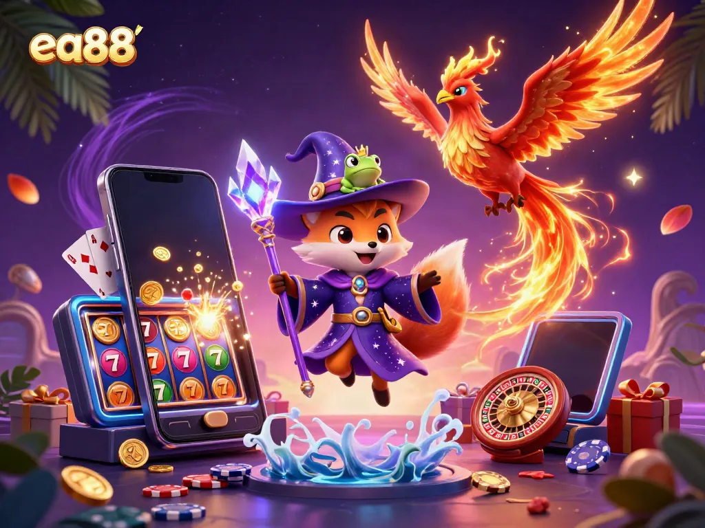 Engage with ea88's vibrant 3D casino scene full of mystical characters and slot game excitement.
